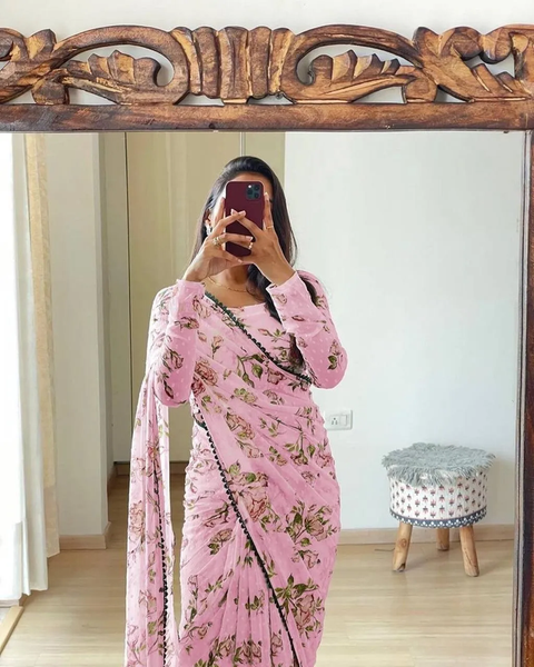 Malishka Women's Pink Chiffon Butta Floral Printed Ready To Wear Saree With Blouse Piece - Distacart