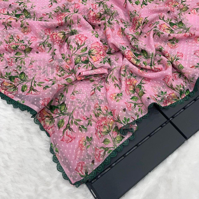 Malishka Women's Pink Chiffon Butta Floral Printed Ready To Wear Saree With Blouse Piece - Distacart