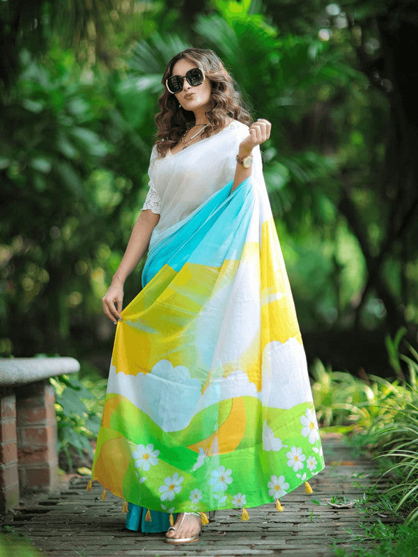 NOZ2TOZ Women Linen Printed Saree With Blouse Piece - Multi - Distacart