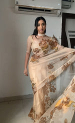 Thumbnail for Malishka Organza Silk Printed Ready To Wear Saree With Blouse Piece - Beige - Distacart
