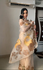 Thumbnail for Malishka Organza Silk Printed Ready To Wear Saree With Blouse Piece - Beige - Distacart