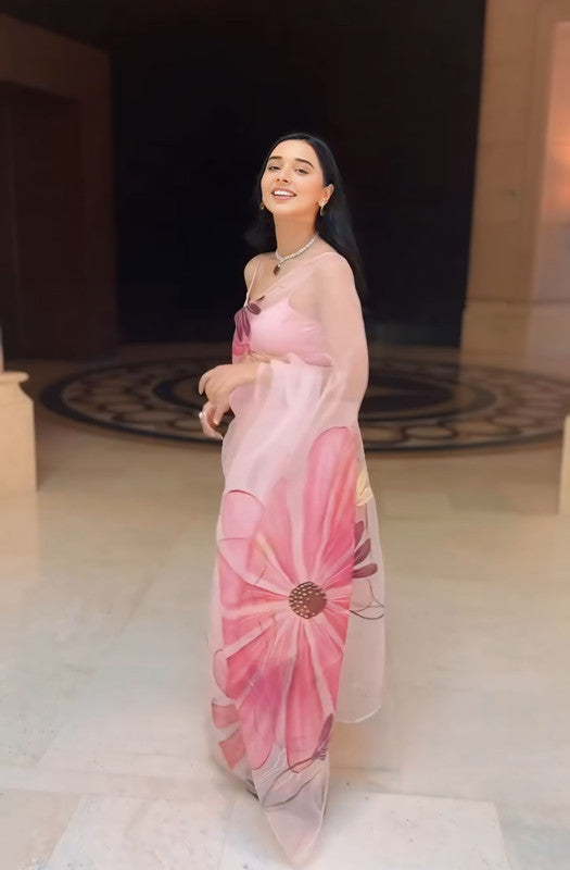 Malishka Organza Silk Printed Ready To Wear Saree With Blouse Piece - White - Distacart