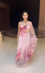 Thumbnail for Malishka Organza Silk Printed Ready To Wear Saree With Blouse Piece - White - Distacart