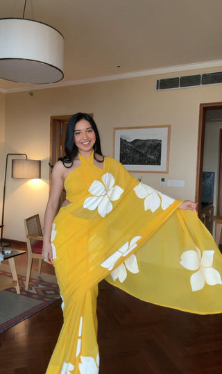 Malishka Georgette Silk Printed Ready To Wear Saree With Blouse Piece - Yellow - Distacart