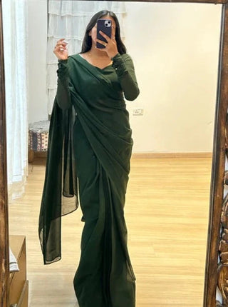 Malishka Georgette Silk Plain Ready To Wear Saree With Blouse Piece - Green - Distacart