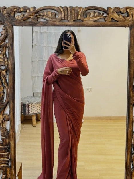 Malishka Georgette Silk Plain Ready To Wear Saree With Blouse Piece - Peach