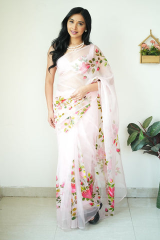 Malishka Organza Silk Printed Ready To Wear Saree With Blouse Piece - White - Distacart