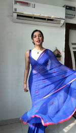 Thumbnail for Malishka Georgette Silk Embroidery Ready To Wear Saree With Blouse Piece - Blue - Distacart