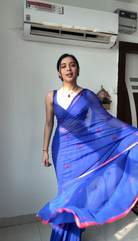 Malishka Georgette Silk Embroidery Ready To Wear Saree With Blouse Piece - Blue - Distacart
