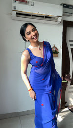 Thumbnail for Malishka Georgette Silk Embroidery Ready To Wear Saree With Blouse Piece - Blue - Distacart