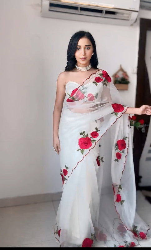 Malishka Organza Silk Embroidery Ready To Wear Saree With Blouse Piece - White - Distacart
