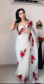Thumbnail for Malishka Organza Silk Embroidery Ready To Wear Saree With Blouse Piece - White - Distacart