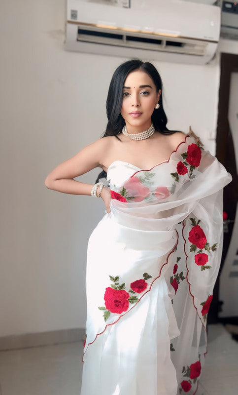 Malishka Organza Silk Embroidery Ready To Wear Saree With Blouse Piece - White - Distacart
