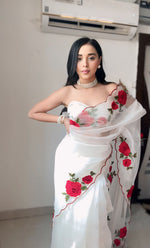 Thumbnail for Malishka Organza Silk Embroidery Ready To Wear Saree With Blouse Piece - White - Distacart