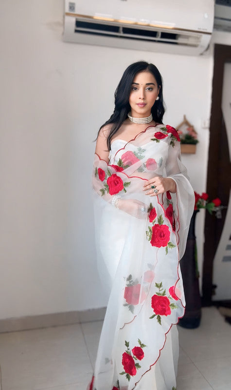 Malishka Organza Silk Embroidery Ready To Wear Saree With Blouse Piece - White - Distacart