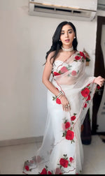 Thumbnail for Malishka Organza Silk Embroidery Ready To Wear Saree With Blouse Piece - White - Distacart