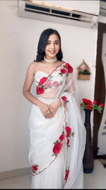 Thumbnail for Malishka Organza Silk Embroidery Ready To Wear Saree With Blouse Piece - White - Distacart