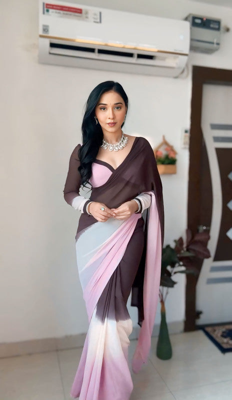 Malishka Georgette Silk Pedding Ready To Wear Saree With Blouse Piece - Pink-Black - Distacart