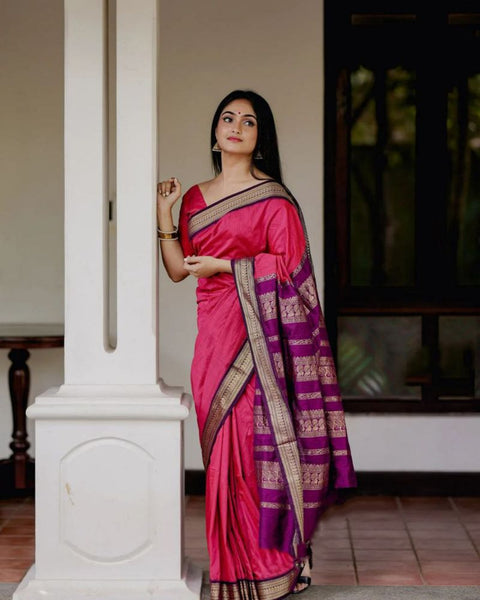 Malishka Banarasi Silk Woven Saree With Blouse Piece - Pink - Distacart