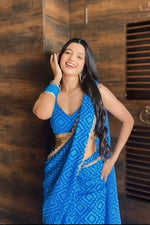 Thumbnail for Malishka Georgette Silk Printed Ready To Wear Saree With Blouse Piece - Blue