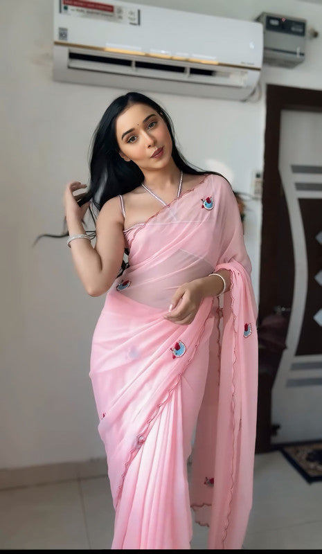 Malishka Georgette Silk Embroidery Ready To Wear Saree With Blouse Piece - Pink - Distacart