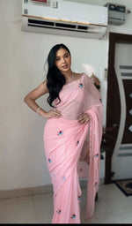 Thumbnail for Malishka Georgette Silk Embroidery Ready To Wear Saree With Blouse Piece - Pink - Distacart