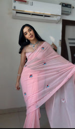 Thumbnail for Malishka Georgette Silk Embroidery Ready To Wear Saree With Blouse Piece - Pink - Distacart