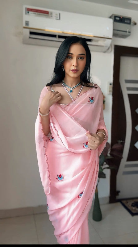 Malishka Georgette Silk Embroidery Ready To Wear Saree With Blouse Piece - Pink - Distacart