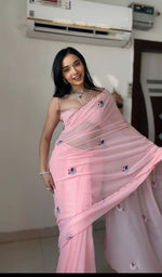 Thumbnail for Malishka Georgette Silk Embroidery Ready To Wear Saree With Blouse Piece - Pink - Distacart