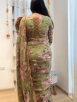 Thumbnail for Malishka Georgette Silk Printed Ready To Wear Saree With Blouse Piece - Green