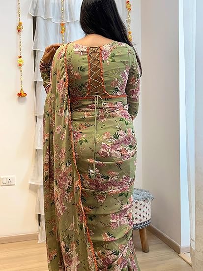 Malishka Georgette Silk Printed Ready To Wear Saree With Blouse Piece - Green