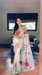 Thumbnail for Malishka Organza Silk Printed Ready To Wear Saree With Blouse Piece - White - Distacart