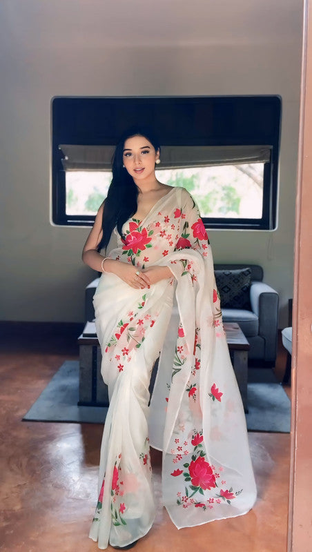 Malishka Organza Silk Printed Ready To Wear Saree With Blouse Piece - White - Distacart