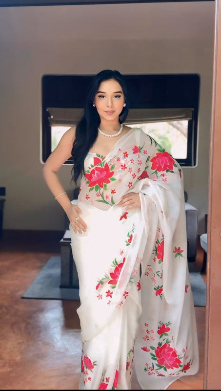 Malishka Organza Silk Printed Ready To Wear Saree With Blouse Piece - White - Distacart