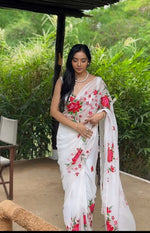Thumbnail for Malishka Organza Silk Printed Ready To Wear Saree With Blouse Piece - White - Distacart