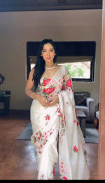 Thumbnail for Malishka Organza Silk Printed Ready To Wear Saree With Blouse Piece - White - Distacart