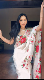 Thumbnail for Malishka Organza Silk Printed Ready To Wear Saree With Blouse Piece - White - Distacart