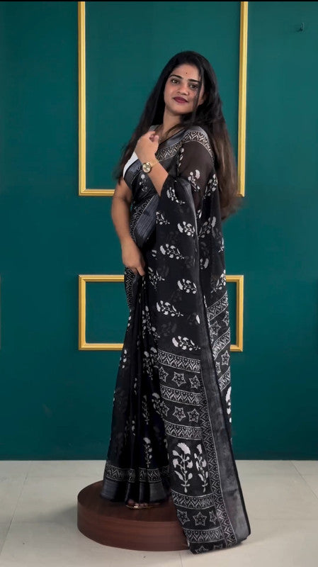 Malishka Export Georgette Silk Floral Printed Ready To Wear Saree With Blouse Piece - Black - Distacart