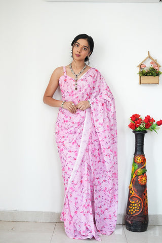 Malishka Export Georgette Silk Printed Ready To Wear Saree With Blouse Piece - Pink - Distacart