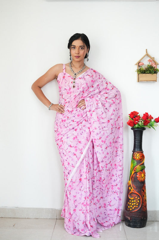 Malishka Export Georgette Silk Printed Ready To Wear Saree With Blouse Piece - Pink - Distacart