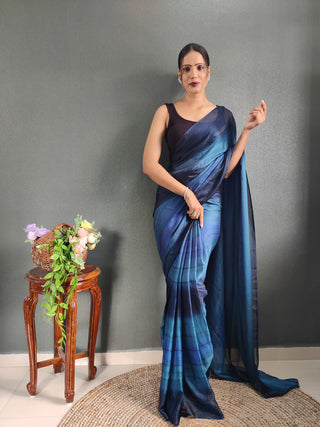 Malishka Export Georgette Silk Printed Ready To Wear Saree With Blouse Piece - Navy - Distacart
