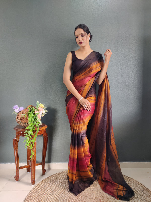 Malishka Export Georgette Silk Printed Ready To Wear Saree With Blouse Piece - Orange - Distacart