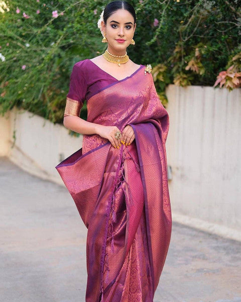 NOZ2TOZ Women Banarasi Silk Woven Saree With Blouse Piece - Wine - Distacart