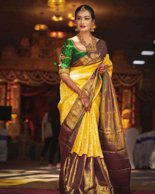 Malishka Banarasi Silk Woven Saree With Blouse Piece - Yellow - Distacart