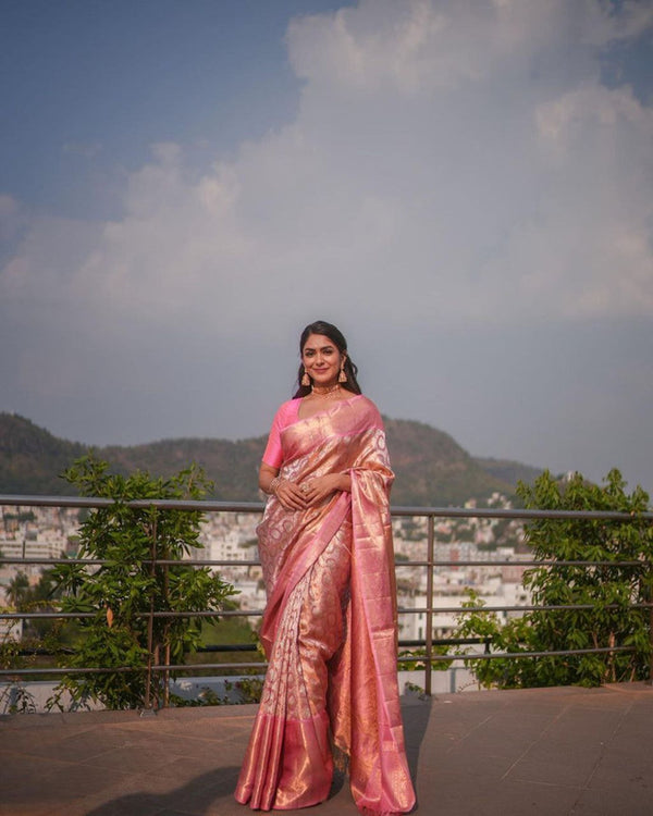 Malishka Banarasi Silk Woven Saree With Blouse Piece - Pink