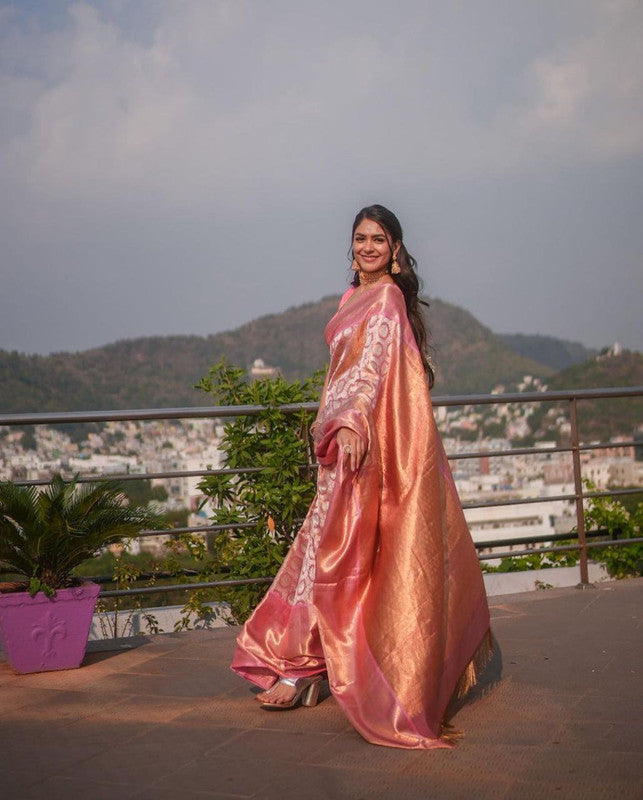 NOZ2TOZ Women Banarasi Silk Woven Saree With Blouse Piece - Pink - Distacart