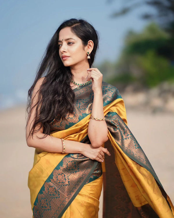 Malishka Banarasi Silk Woven Saree With Blouse Piece - Yellow - Distacart