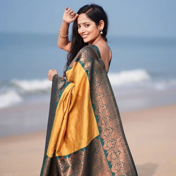 Malishka Banarasi Silk Woven Saree With Blouse Piece - Yellow - Distacart