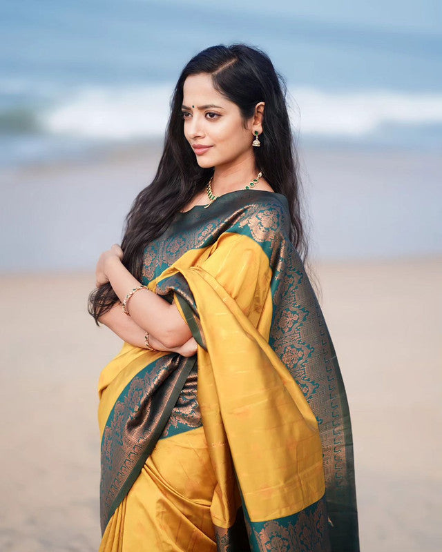 Malishka Banarasi Silk Woven Saree With Blouse Piece - Yellow - Distacart
