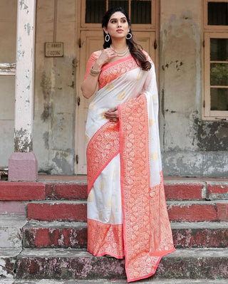 NOZ2TOZ Women Banarasi Silk Woven Saree With Blouse Piece - white - Distacart